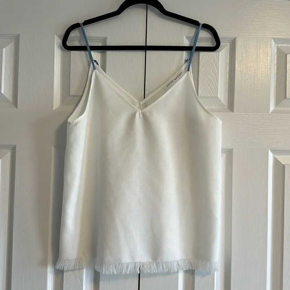 After Market Women’s White Tank Top with Blue Thin Straps and Fringe Bottom